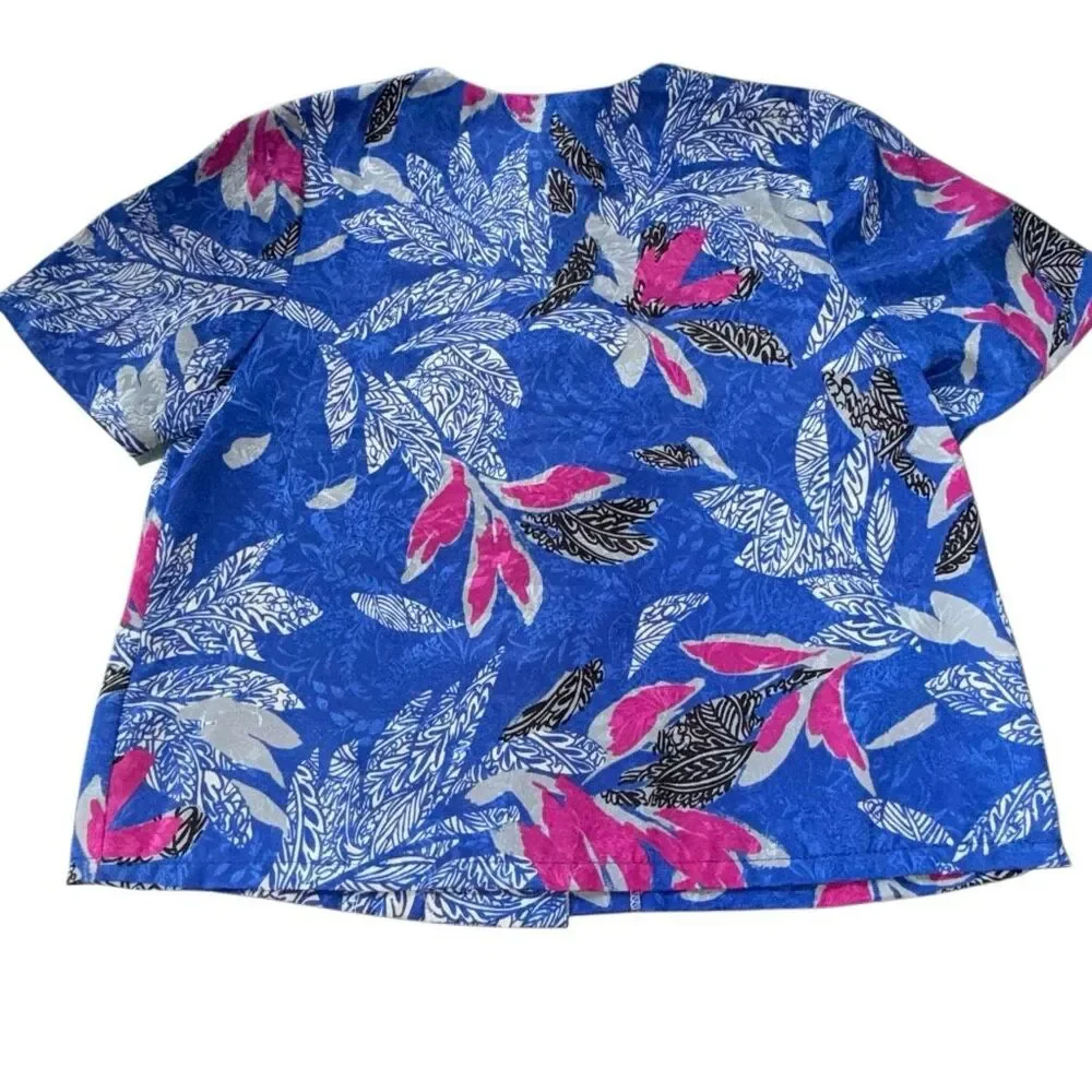 Vintage 1950s Buttondown Blouse Satin Colorful Royal Blue Dopamine Floral SP